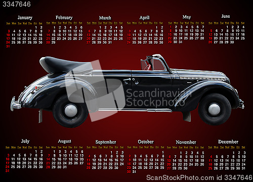 Image of calendar for 2016 with retro car on claret