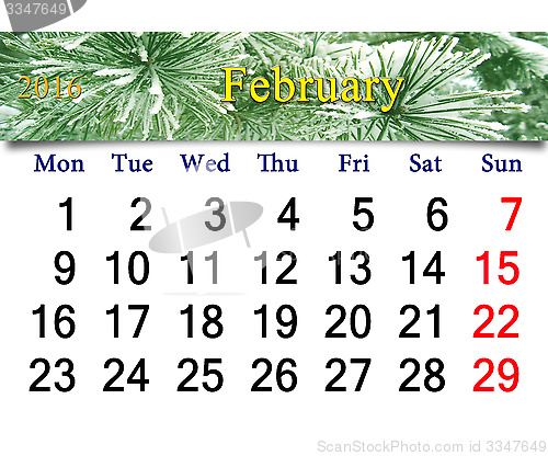 Image of calendar for  February 2016 with winter landscape