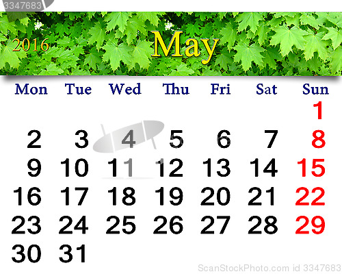 Image of calendar for May 2016 with image of maple