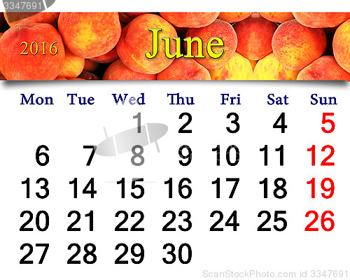Image of calendar for June 2016 with bright tasty peaches