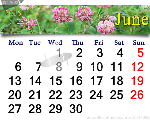 Image of calendar for June 2016 with flowers of clover