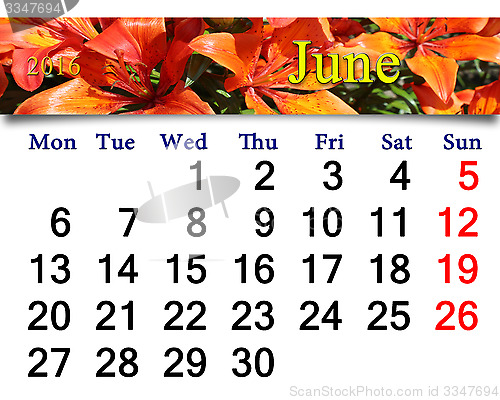 Image of calendar for June 2016 on the background of red lilies