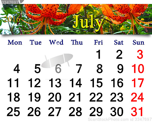 Image of calendar for July 2016 on the background of red lilies