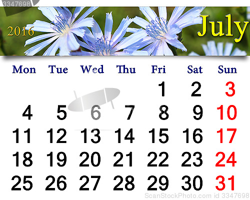 Image of calendar for July 2016 year with flowers of Cichorium