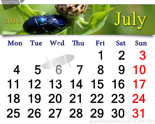 Image of calendar for June 2016 with blue beetle