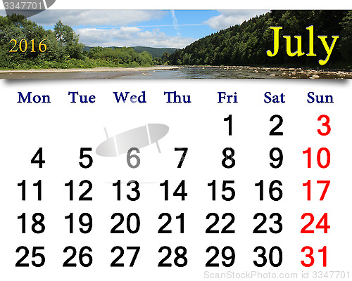 Image of calendar for July 2016 with mountain river