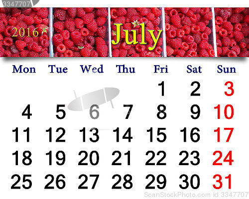 Image of calendar for July 2016 with redraspberry