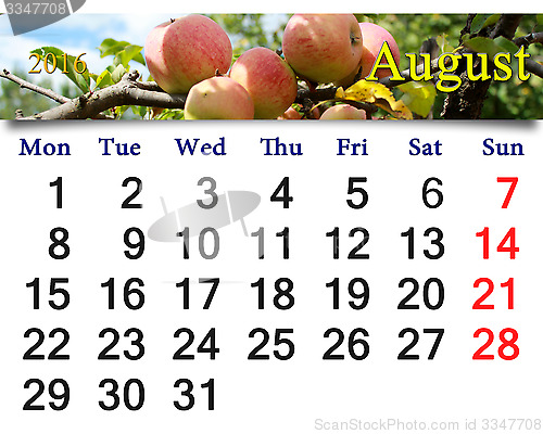 Image of calendar for August 2016 year with apples