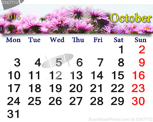 Image of calendar for October 2016 with the pink asters