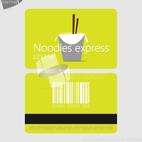 Image of  Noodles restaurant. Template loyalty card design. Flat style vector illustration.