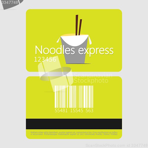 Image of  Noodles restaurant. Template loyalty card design. Flat style vector illustration.