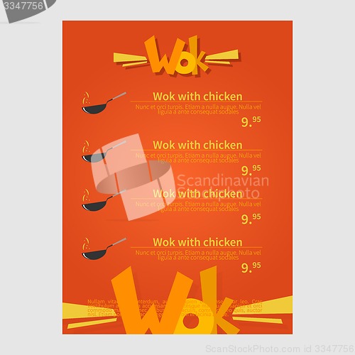 Image of Wok cafe menu, template design. Flat style vector illustration.