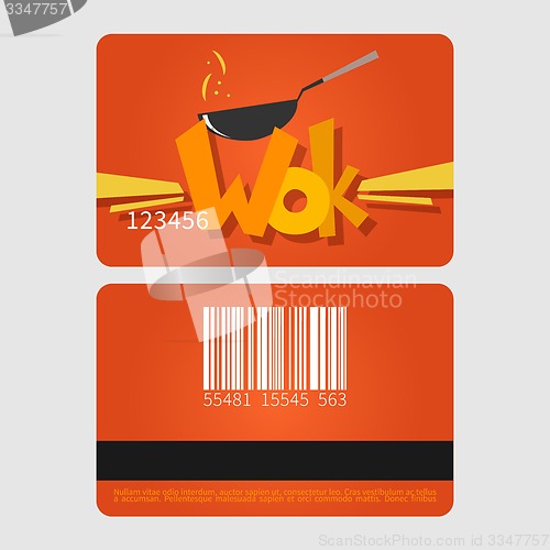 Image of Wok restaurant. Template loyalty card design. Flat style vector illustration.