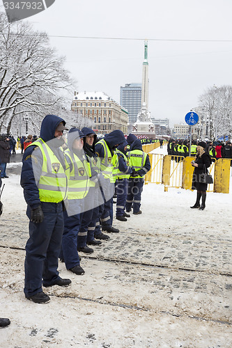 Image of Police cordon near Freedom monument in Riga