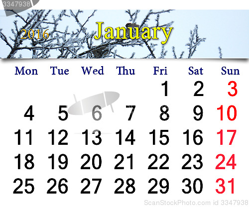 Image of calendar for January 2016 with winter sparrows