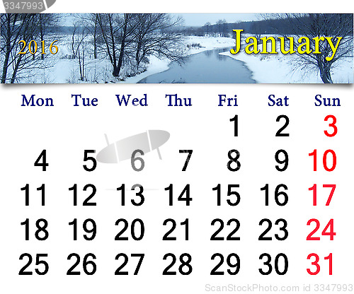 Image of calendar for January 2016 with winter river