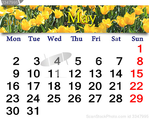 Image of calendar for May 2016 with tulips on the flower-bed