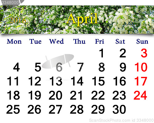 Image of calendar for April 2016 with image of bird cherry tree