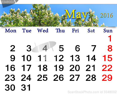 Image of calendar for May 2016 with blossoming chestnut