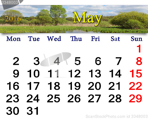 Image of calendar for May 2016 on the background of spring