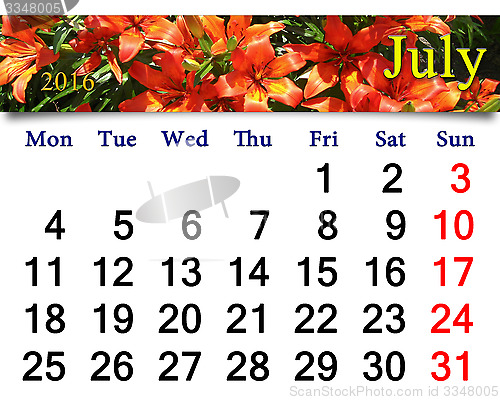 Image of calendar for July 2016 with red lilies