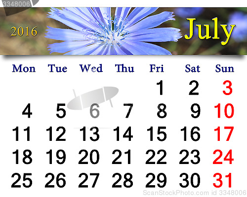 Image of calendar for July 2016 with flowers of Cichorium