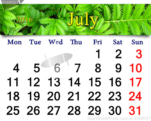 Image of calendar for July 2016 with image of green plant