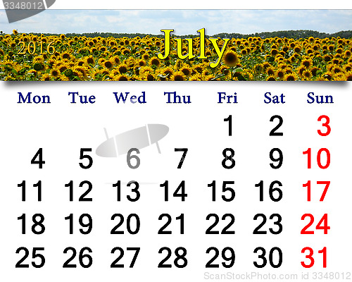 Image of calendar for July 2016 with yellow fly on the sunflower