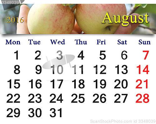 Image of calendar for August 2016 year with apples