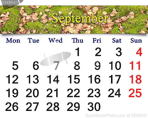 Image of calendar for September 2016 with the moss and leaves