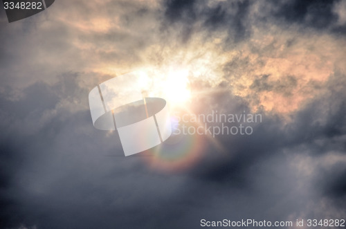 Image of A dark sky with clouds and sun.