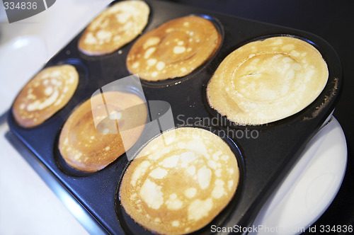 Image of breakfast with six pancakes on electric oven