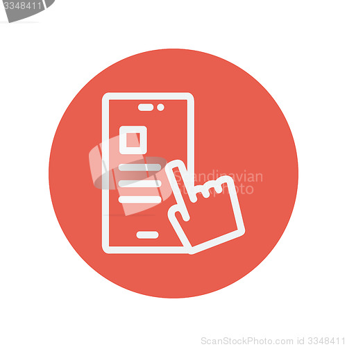 Image of Smartphone and hand checking of work task schedule thin line icon