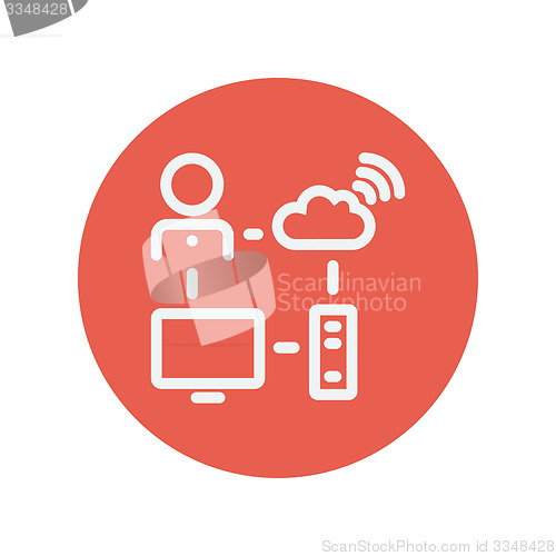 Image of Male office worker with computer set and wifi thin line icon