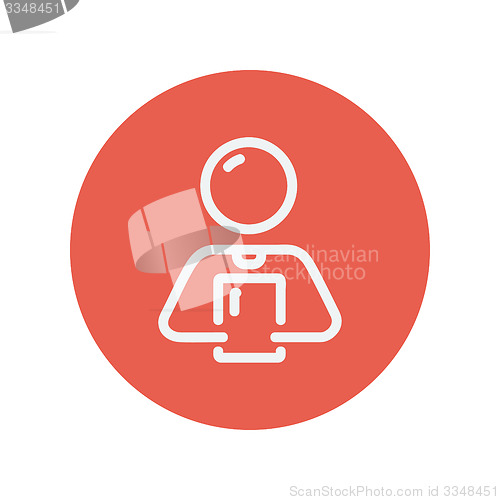 Image of Man holding touch screen tablet thin line icon