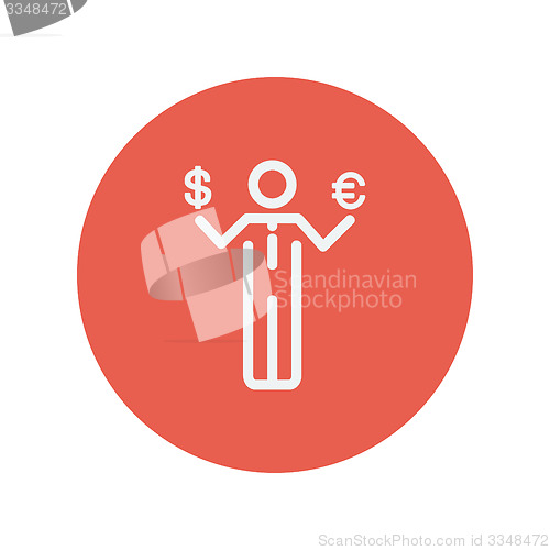 Image of Businessman holding Euro and US dollar thin line icon