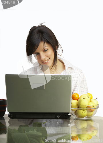 Image of beautiful woman with laptop in mens shirt over white