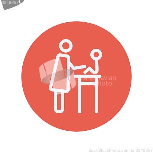 Image of Mother taking care of her baby sitting on high chair thin line icon