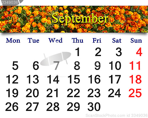 Image of calendar for September 2016 with tagetes