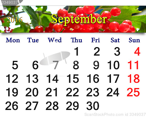 Image of calendar for September 2016 with snowball tree