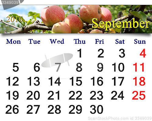 Image of calendar for September 2016 year with apples