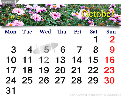 Image of calendar for October 2016 with pink asters