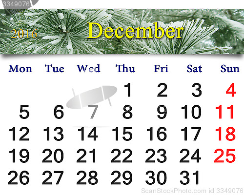 Image of calendar for December 2016 with picture of spruce