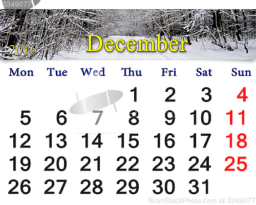 Image of calendar for December 2016 with picture of winter forest