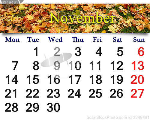 Image of calendar for November 2016 with the moss and leaves