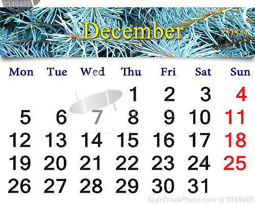 Image of calendar for December 2016 with picture of spruce