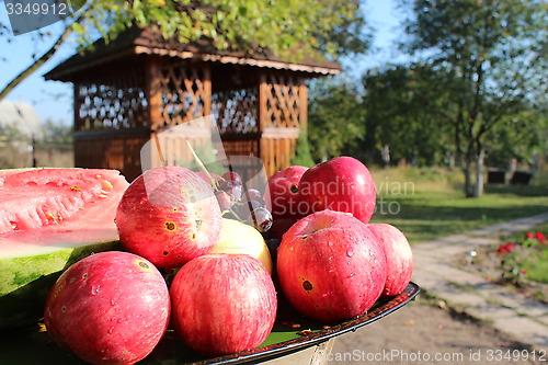 Image of red apples on the arbor background