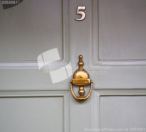 Image of handle in london antique brown door  rusty  brass nail and light