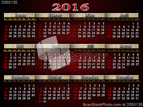 Image of calendar for 2016 in German on claret