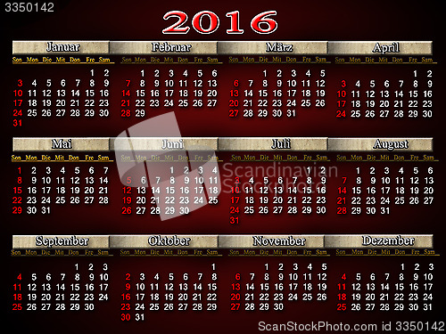 Image of calendar for 2016 in German on claret